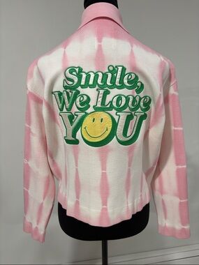 Sandro Pink Tie-Dye Cardigan with Green Smiley Embroidery